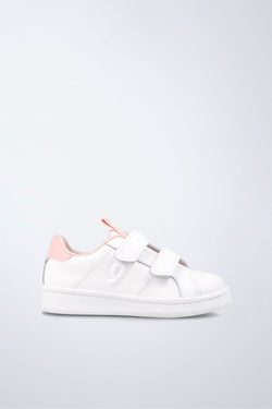 Barefoot Garvalín trainer in white and pink with an adjustable fastening and a reinforced toe cap.