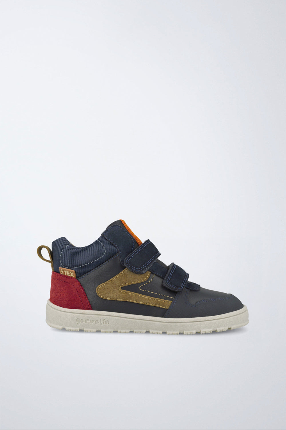 Barefoot Garvalín ankle boot in navy and red with an adjustable fastening and a flexible sole.