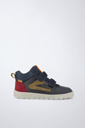 Barefoot Garvalín ankle boot in navy and red with an adjustable fastening and a flexible sole.