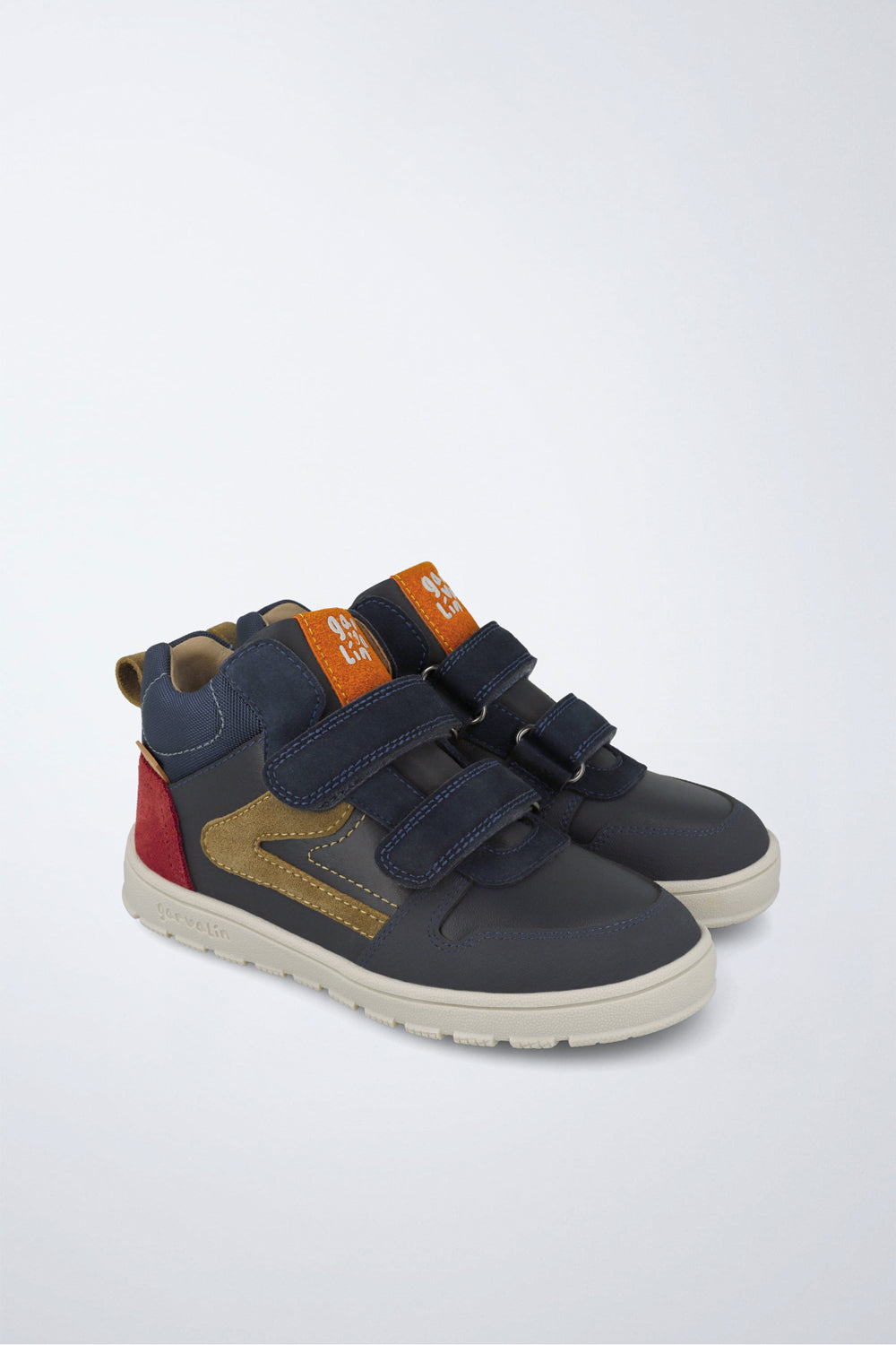 Barefoot Garvalín ankle boot in navy and red with an adjustable fastening and a flexible sole.