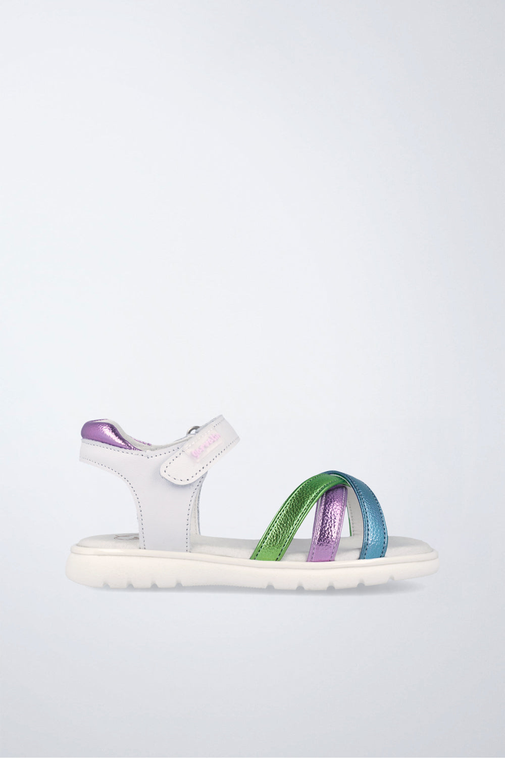 Sandalias Garvalín respetuosa en blanco y multicolor con cierre de contacto y desarrollo natural del pie.