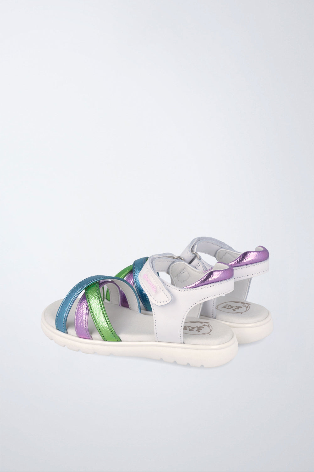 Sandalias Garvalín respetuosa en blanco y multicolor con cierre de contacto y desarrollo natural del pie.