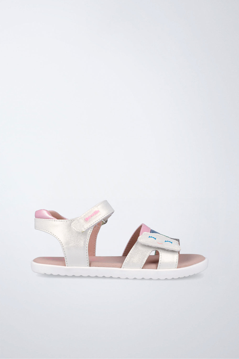 Sandalia infantil Garvalín barefoot en blanco y rosa con cierre de contacto y desarrollo saludable del pie.