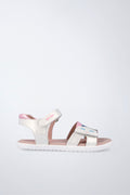 Sandalia infantil Garvalín barefoot en blanco y rosa con cierre de contacto y desarrollo saludable del pie.