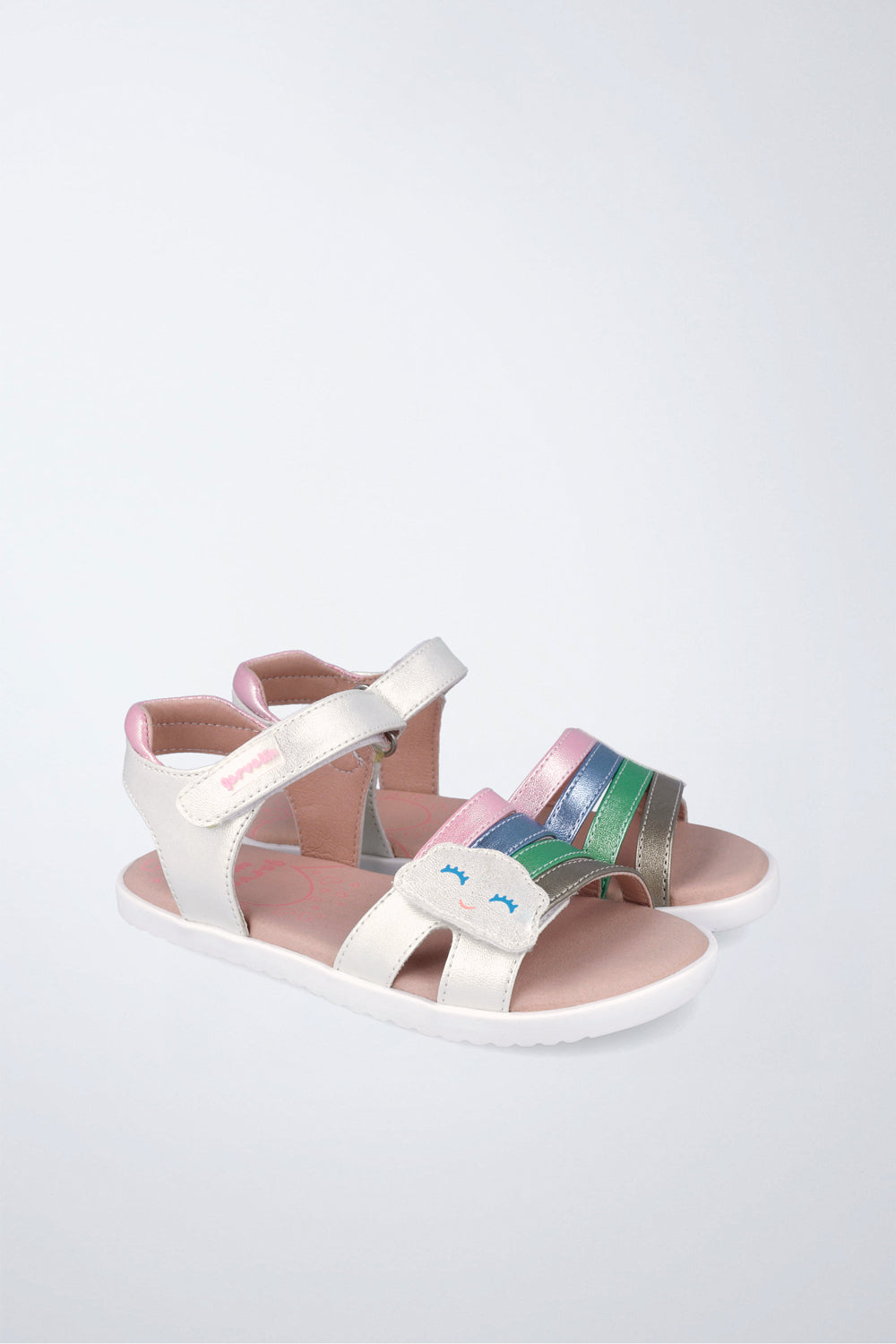 Sandalia infantil Garvalín barefoot en blanco y rosa con cierre de contacto y desarrollo saludable del pie.
